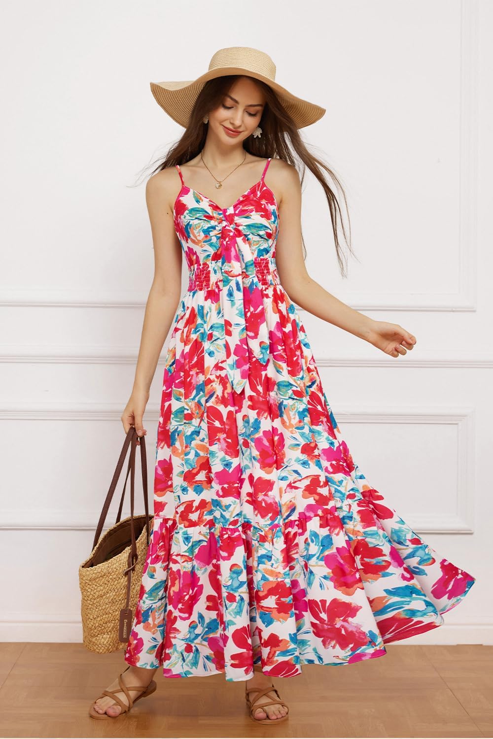 GRACE KARIN Women's 2025 Summer Maxi Dress Floral Tie Front Spaghetti Strap Casual Boho Beach Flowy Sundress with Pockets - Image 5