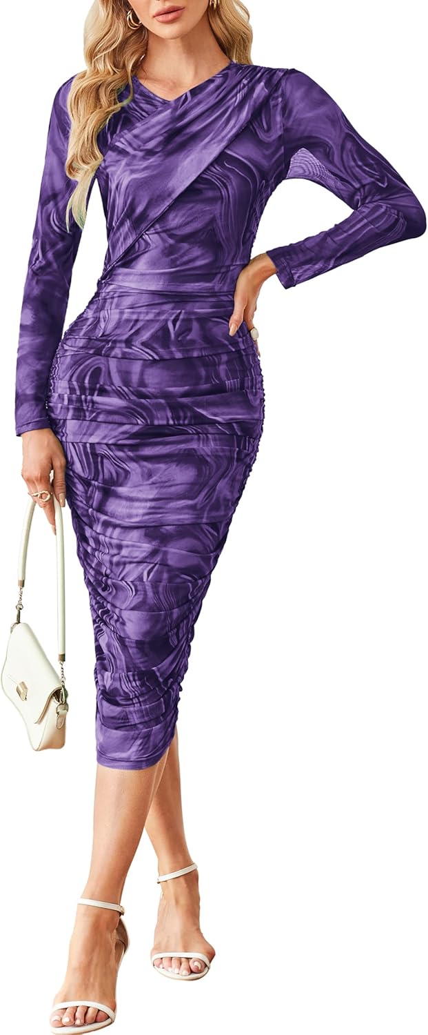 GRACE KARIN Women's Ruched Wrap Bodycon Dresses Mesh Print Fall Formal Midi Dress Long Sleeve Fitted Tight Party Club Dress - Image 9