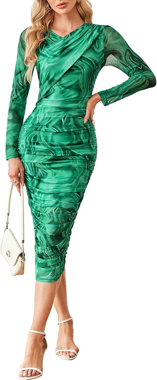 GRACE KARIN Women's Ruched Wrap Bodycon Dresses Mesh Print Fall Formal Midi Dress Long Sleeve Fitted Tight Party Club Dress - Image 11