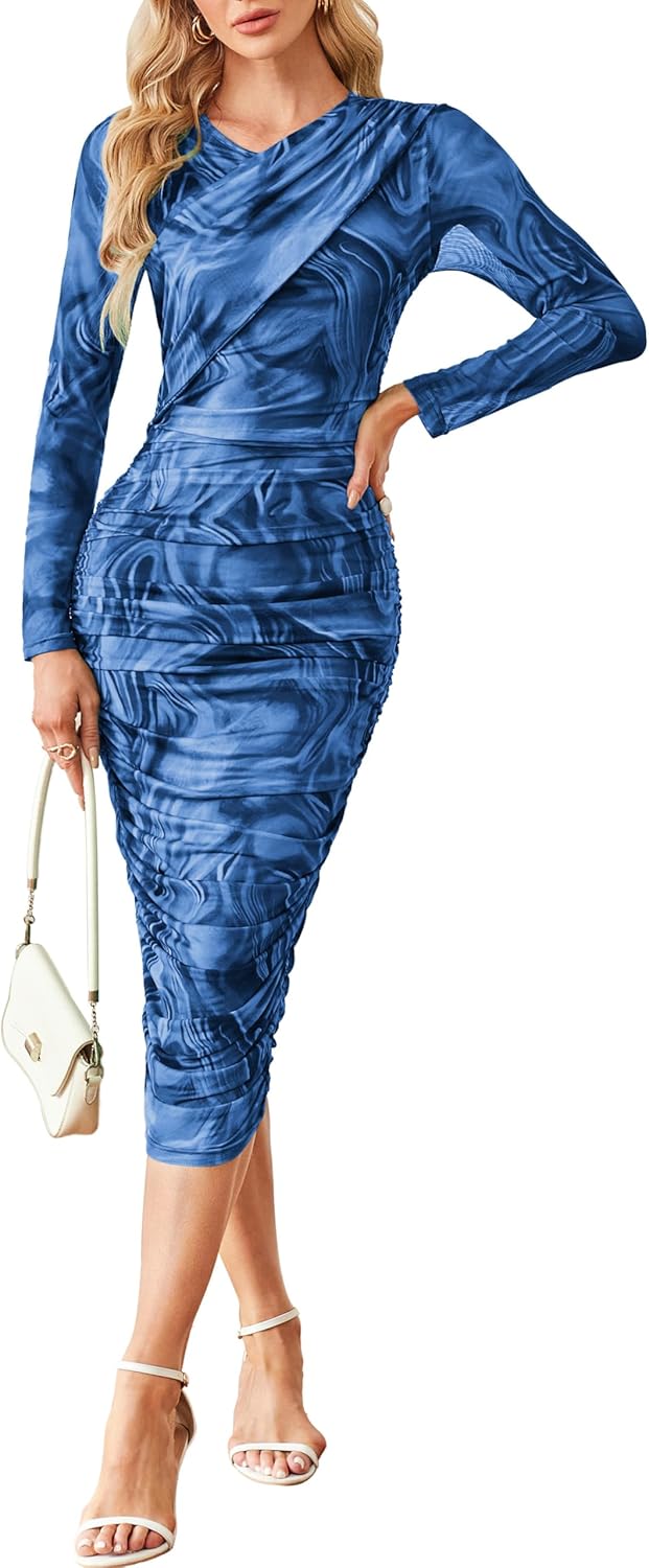 GRACE KARIN Women's Ruched Wrap Bodycon Dresses Mesh Print Fall Formal Midi Dress Long Sleeve Fitted Tight Party Club Dress