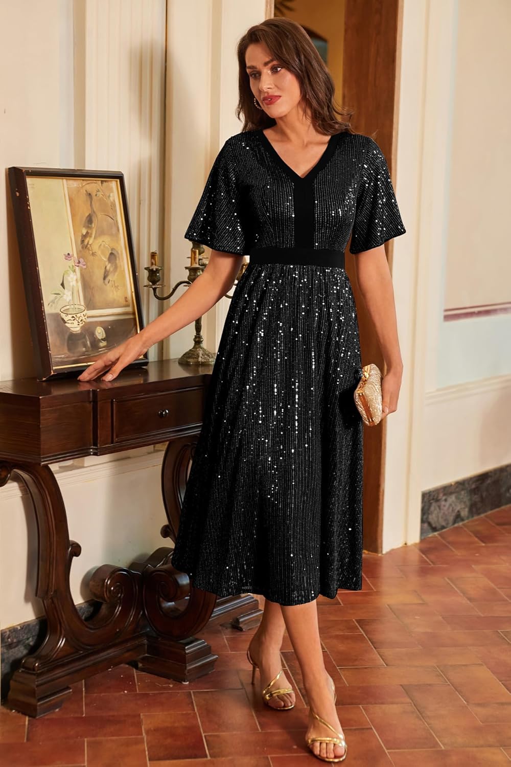 GRACE KARIN Women's Sequin V Neck Ruffle Sleeve Empire Waist Sparkly Glitter A Line Cocktail Formal Dresses - Image 2