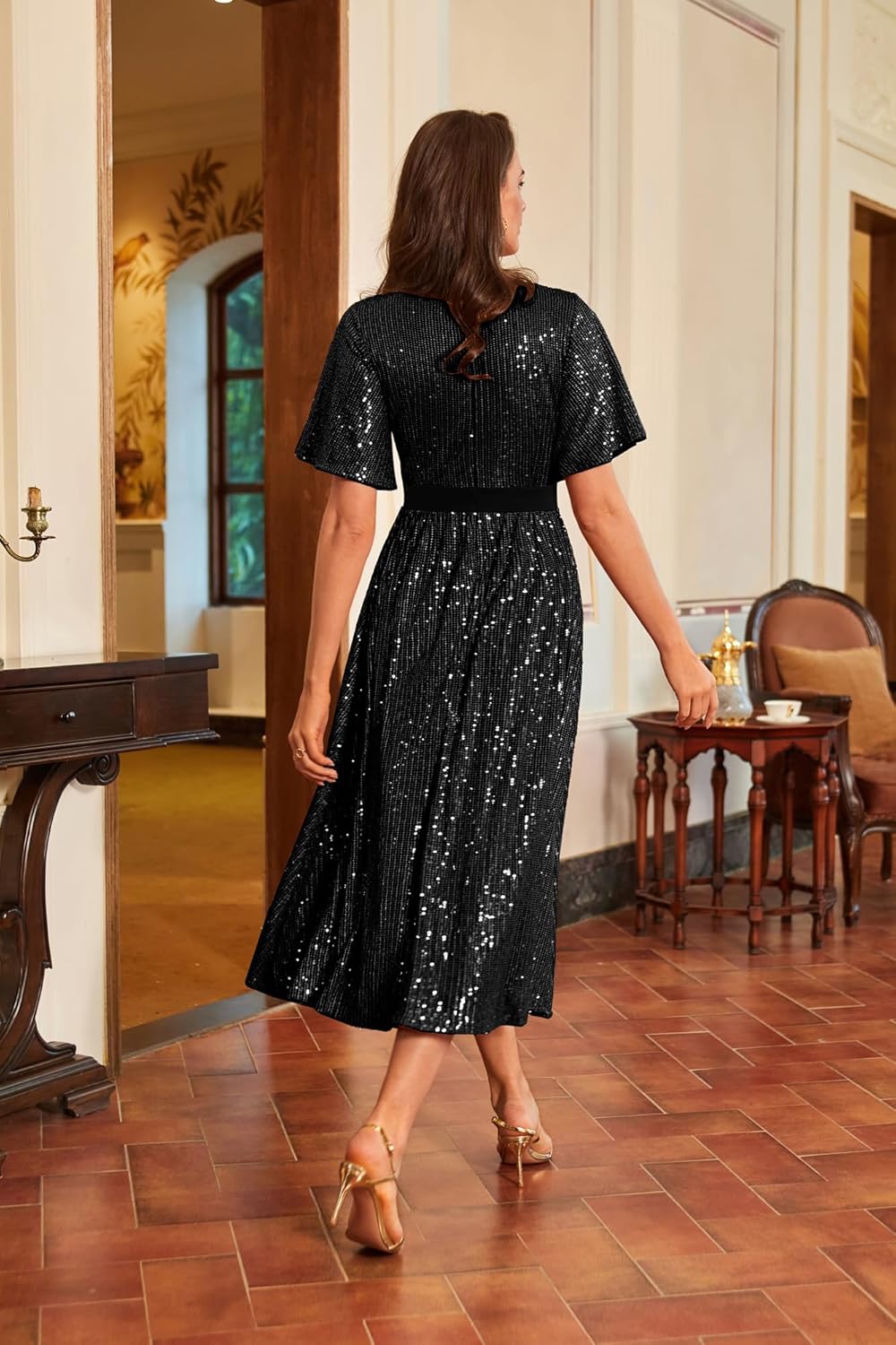 GRACE KARIN Women's Sequin V Neck Ruffle Sleeve Empire Waist Sparkly Glitter A Line Cocktail Formal Dresses - Image 6