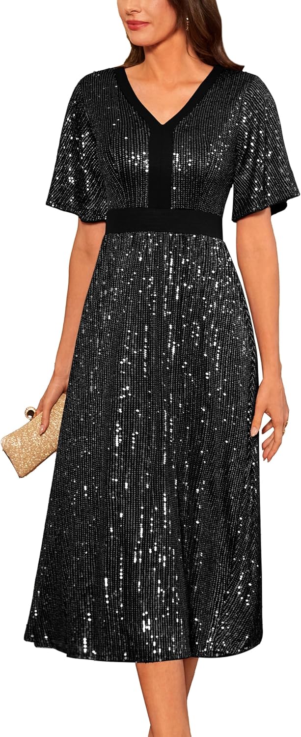 GRACE KARIN Women's Sequin V Neck Ruffle Sleeve Empire Waist Sparkly Glitter A Line Cocktail Formal Dresses