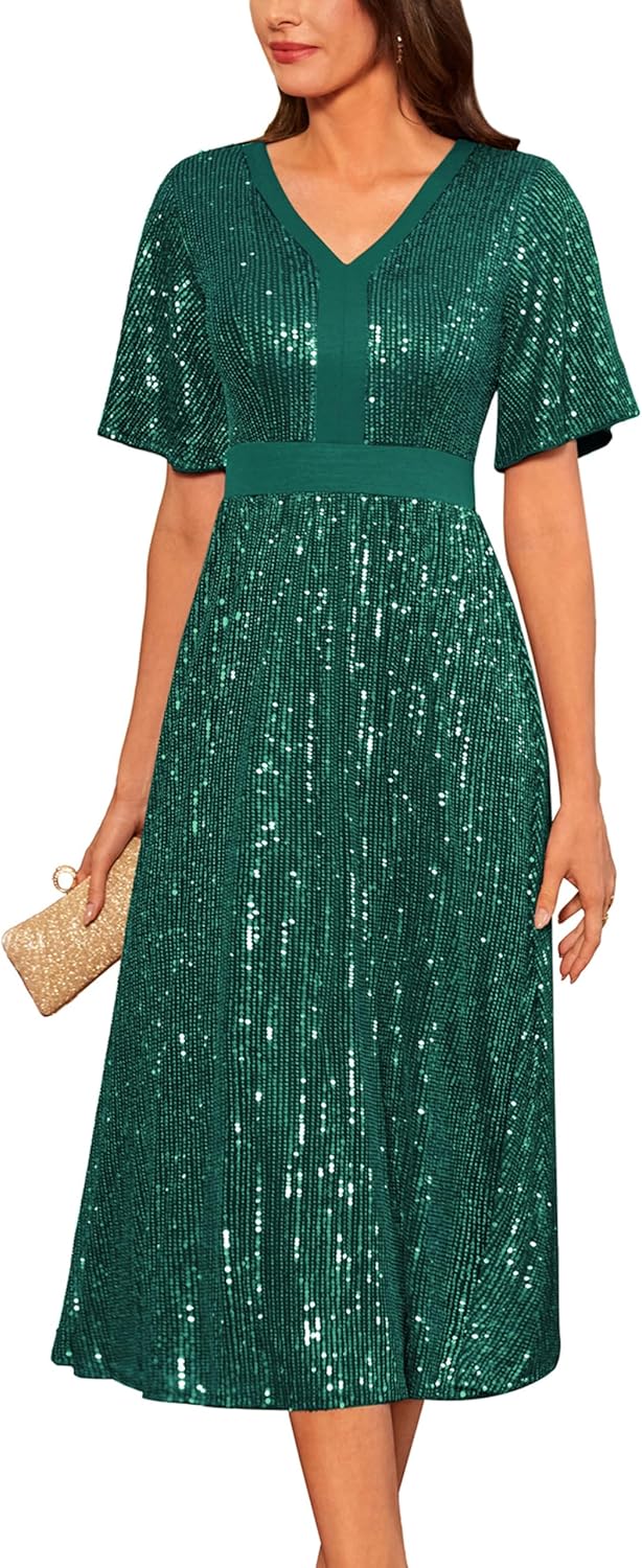 GRACE KARIN Women's Sequin V Neck Ruffle Sleeve Empire Waist Sparkly Glitter A Line Cocktail Formal Dresses - Image 15