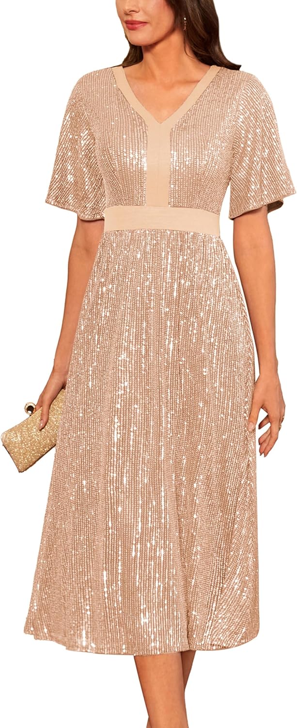 GRACE KARIN Women's Sequin V Neck Ruffle Sleeve Empire Waist Sparkly Glitter A Line Cocktail Formal Dresses - Image 14