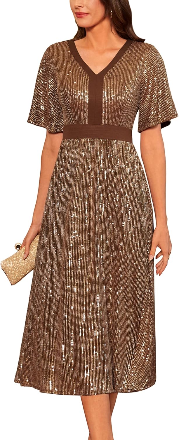 GRACE KARIN Women's Sequin V Neck Ruffle Sleeve Empire Waist Sparkly Glitter A Line Cocktail Formal Dresses - Image 12