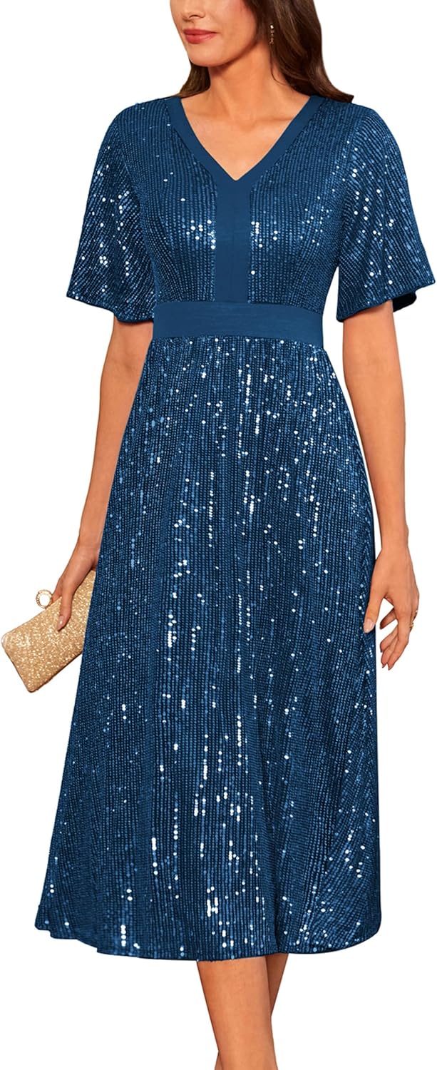 GRACE KARIN Women's Sequin V Neck Ruffle Sleeve Empire Waist Sparkly Glitter A Line Cocktail Formal Dresses - Image 11