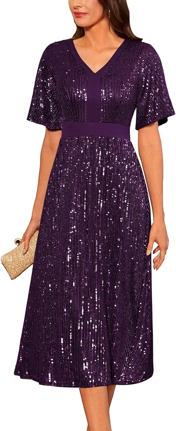 GRACE KARIN Women's Sequin V Neck Ruffle Sleeve Empire Waist Sparkly Glitter A Line Cocktail Formal Dresses - Image 13