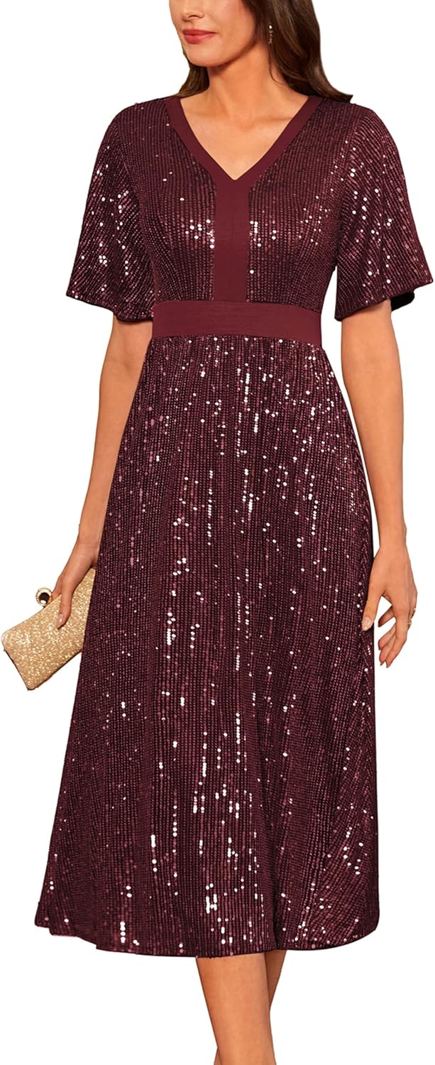 GRACE KARIN Women's Sequin V Neck Ruffle Sleeve Empire Waist Sparkly Glitter A Line Cocktail Formal Dresses - Image 16