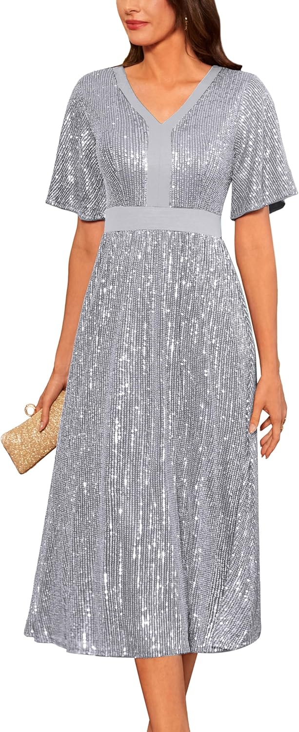 GRACE KARIN Women's Sequin V Neck Ruffle Sleeve Empire Waist Sparkly Glitter A Line Cocktail Formal Dresses - Image 9