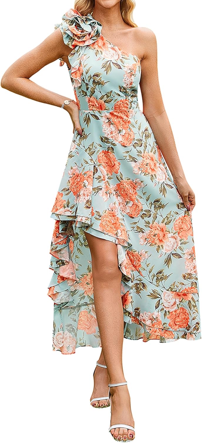 GRACE KARIN Womens Summer One Shoulder Sleeveless Dresses Floral Flowy Ruffle High Low Wedding Guest Maxi Sundresses - Image 12