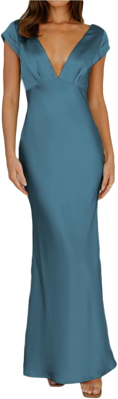 Halfisland Womens Summer Satin V Neck Cap Sleeve Backless Maxi Dress Elegant Twist Cut Out Midi Dresses Wedding Guest - Image 13