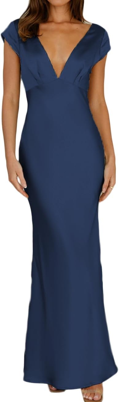 Halfisland Womens Summer Satin V Neck Cap Sleeve Backless Maxi Dress Elegant Twist Cut Out Midi Dresses Wedding Guest - Image 7
