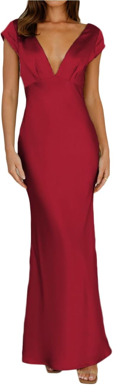 Halfisland Womens Summer Satin V Neck Cap Sleeve Backless Maxi Dress Elegant Twist Cut Out Midi Dresses Wedding Guest - Image 17
