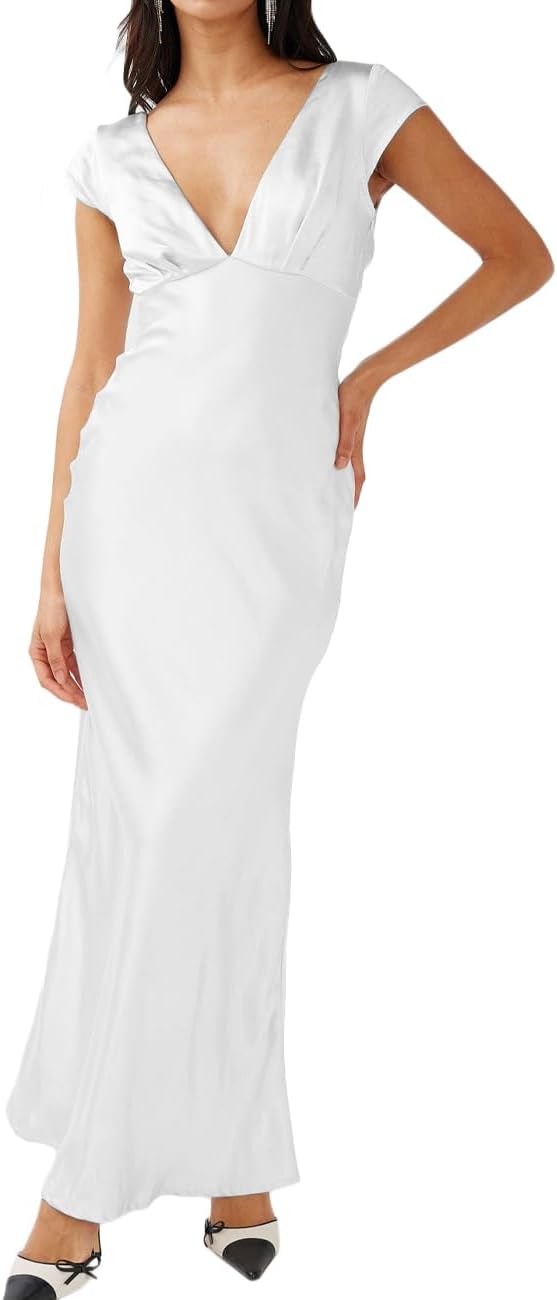 Halfisland Womens Summer Satin V Neck Cap Sleeve Backless Maxi Dress Elegant Twist Cut Out Midi Dresses Wedding Guest - Image 10