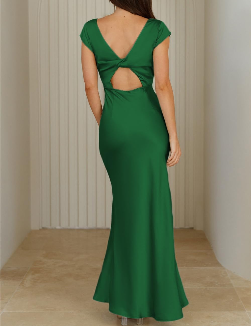 Halfisland Womens Summer Satin V Neck Cap Sleeve Backless Maxi Dress Elegant Twist Cut Out Midi Dresses Wedding Guest - Image 2