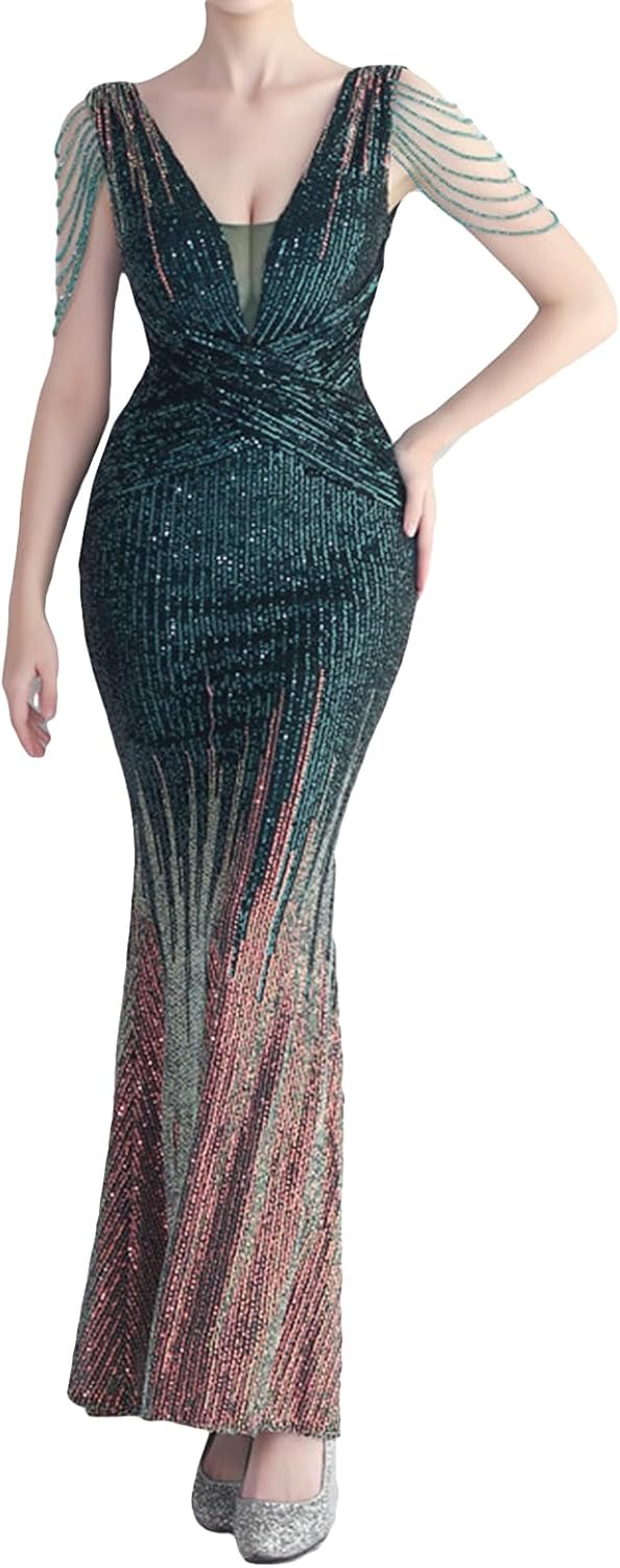 houstil Women's Tassels Sleeve Sequin Evening Gown 1920s Formal Maxi Wedding Guest Holiday Party Cocktail Dresses