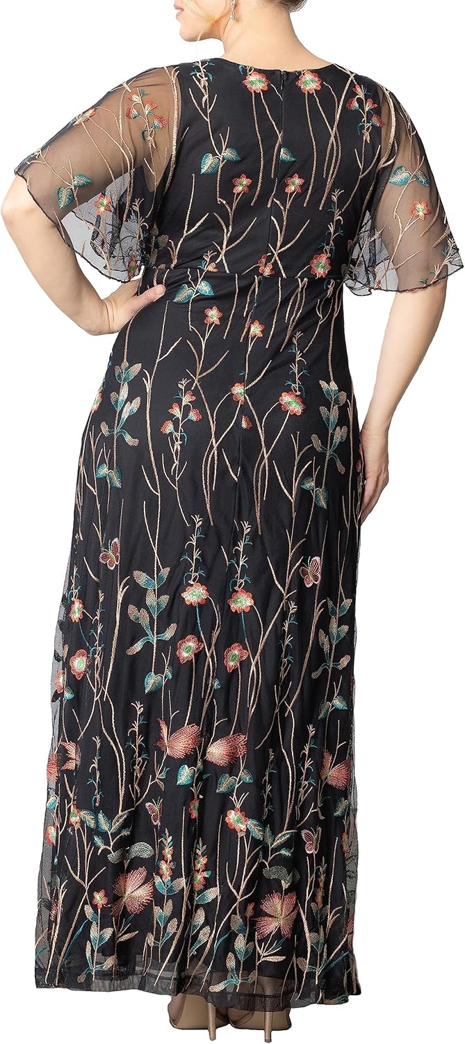 Kiyonna Women's Plus Size Floral Embroidered Elegance Evening Gown | Flattering Long Formal Mesh Dress w\/Sleeves - Image 3