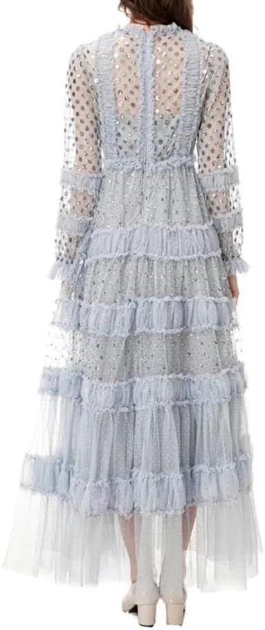 KswyyuwxgqI Women's Long Sleeve Sequin Dress Mesh Patchwork Perspective O-Neck Evening Dresses - Image 2