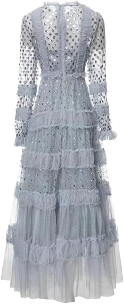 KswyyuwxgqI Women's Long Sleeve Sequin Dress Mesh Patchwork Perspective O-Neck Evening Dresses - Image 4