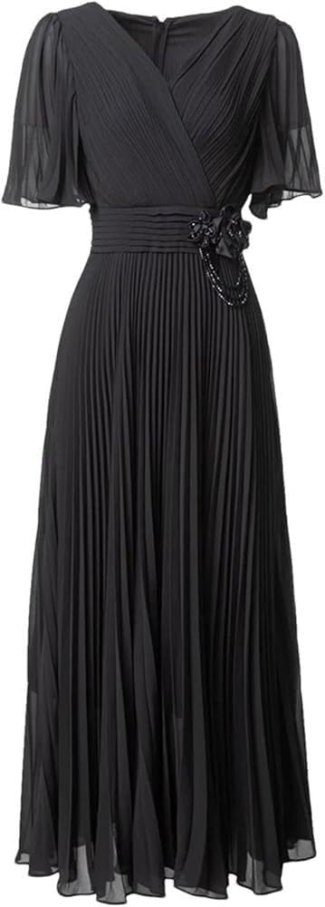 KswyyuwxgqI Women's V-Neck Vintage Black Beaded Dress Short Sleeve Pleated Design Party Dresses Retro Evening Gown