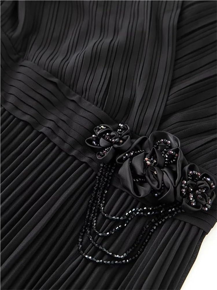 KswyyuwxgqI Women's V-Neck Vintage Black Beaded Pleated Knee-Length Dresses Short Sleeve Beaded Evening Party Dress - Image 4