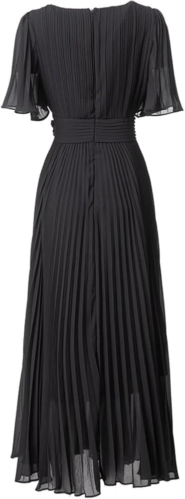 KswyyuwxgqI Women's V-Neck Vintage Black Beaded Pleated Knee-Length Dresses Short Sleeve Beaded Evening Party Dress - Image 2