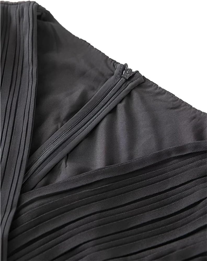 KswyyuwxgqI Women's V-Neck Vintage Black Beaded Pleated Knee-Length Dresses Short Sleeve Beaded Evening Party Dress - Image 3