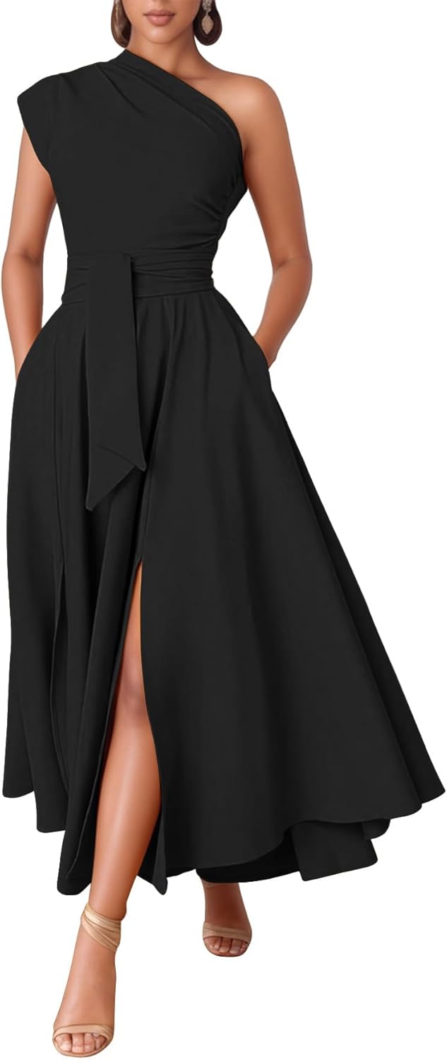 Kwunbwa One Shoulder Dresses for Women Elegant Asymmetrical A Line Flowy Formal Evening Gowns Party Cocktail Dress