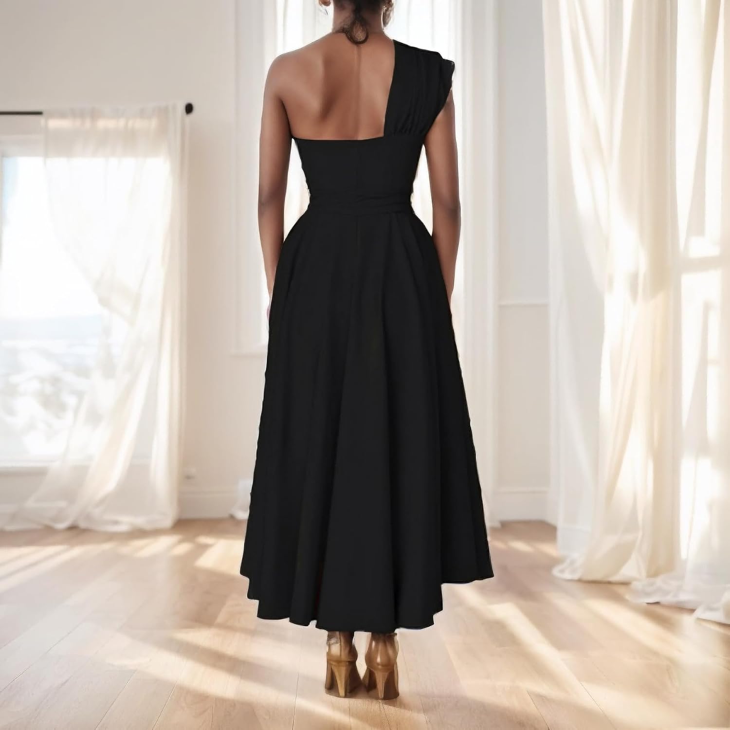 Kwunbwa One Shoulder Dresses for Women Elegant Asymmetrical A Line Flowy Formal Evening Gowns Party Cocktail Dress - Image 5