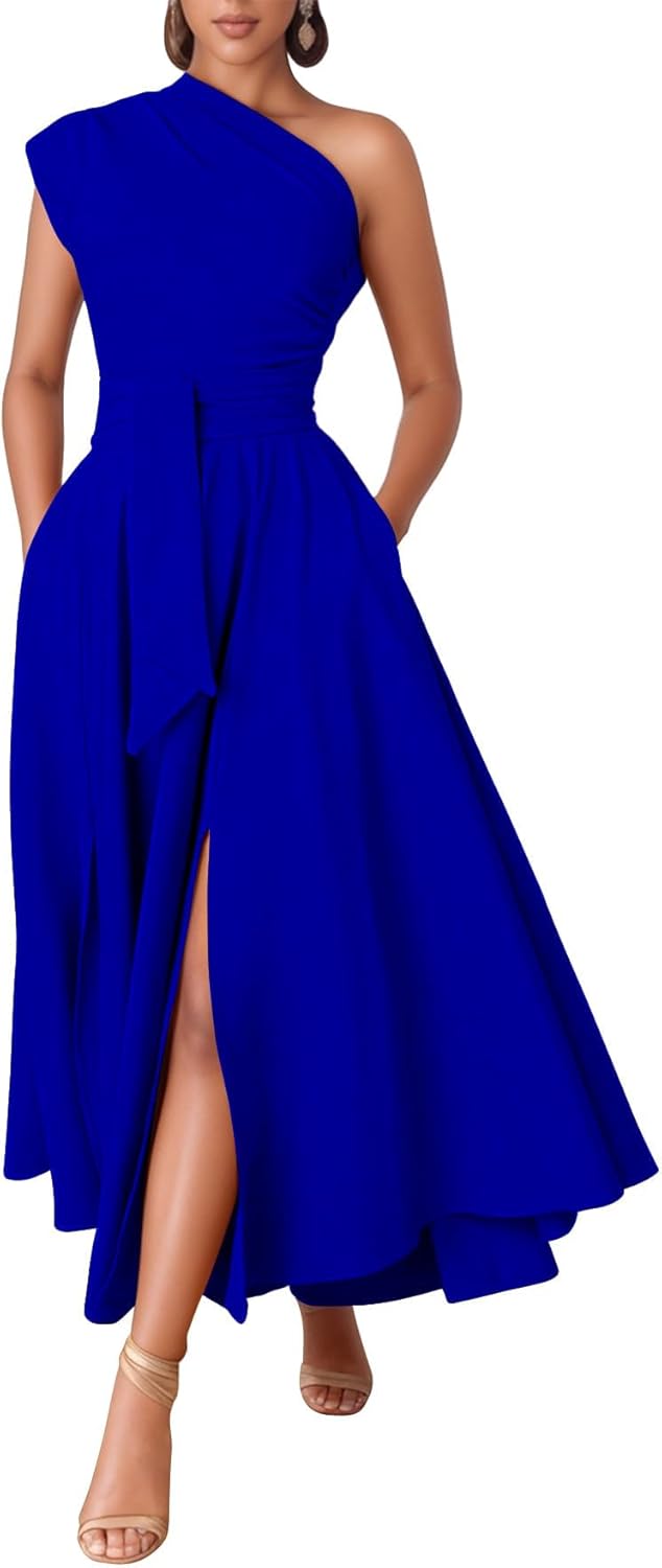Kwunbwa One Shoulder Dresses for Women Elegant Asymmetrical A Line Flowy Formal Evening Gowns Party Cocktail Dress - Image 8