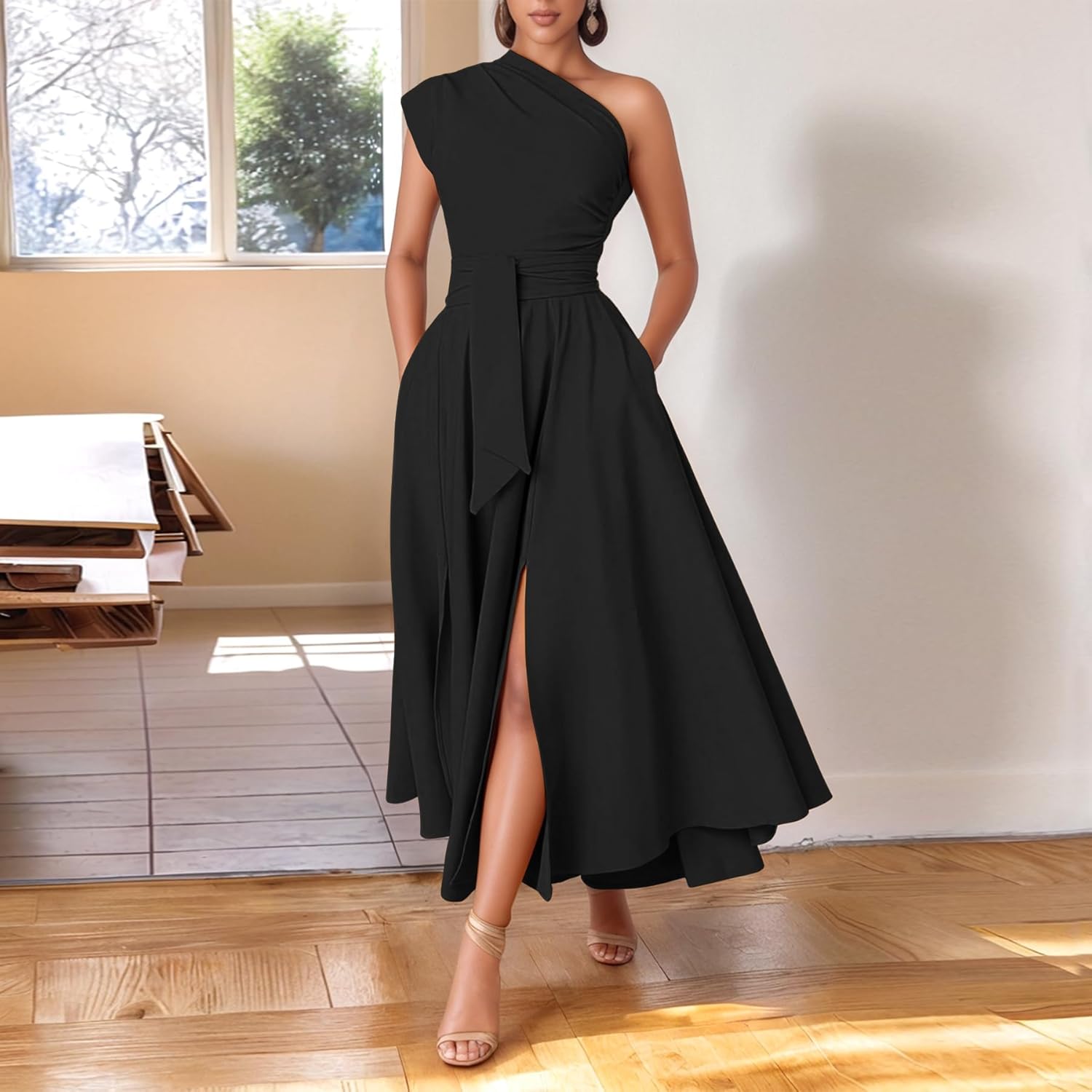 Kwunbwa One Shoulder Dresses for Women Elegant Asymmetrical A Line Flowy Formal Evening Gowns Party Cocktail Dress - Image 2