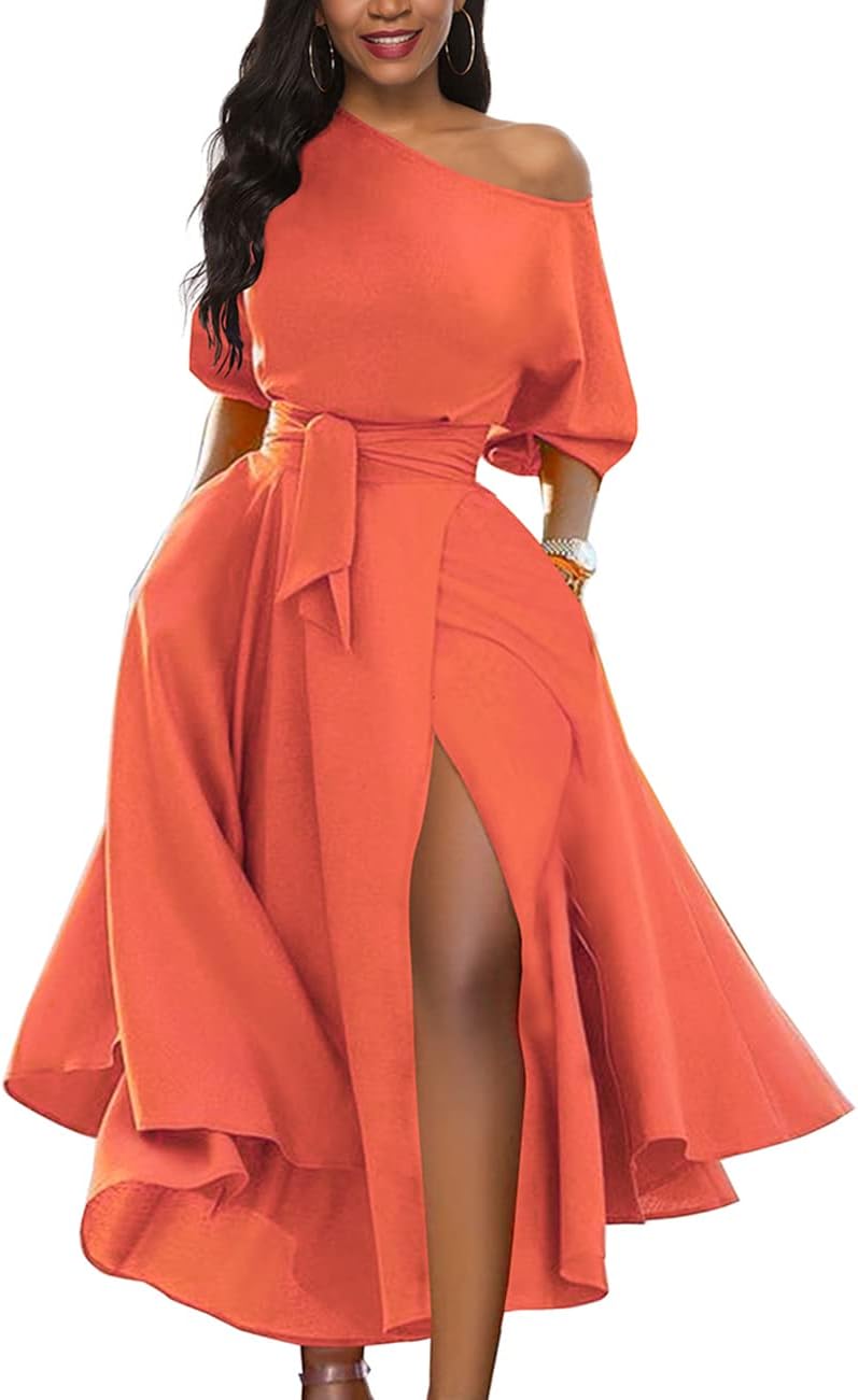 LILYIN Women\u2019s Elegant Off Shoulder Short Sleeve Belted Side Slit Cocktail Party Swing Dress with Pockets