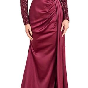 Long-Sleeved Backless Dress Burgundy with Flutted Party Evening Gown with V-Neck Halter