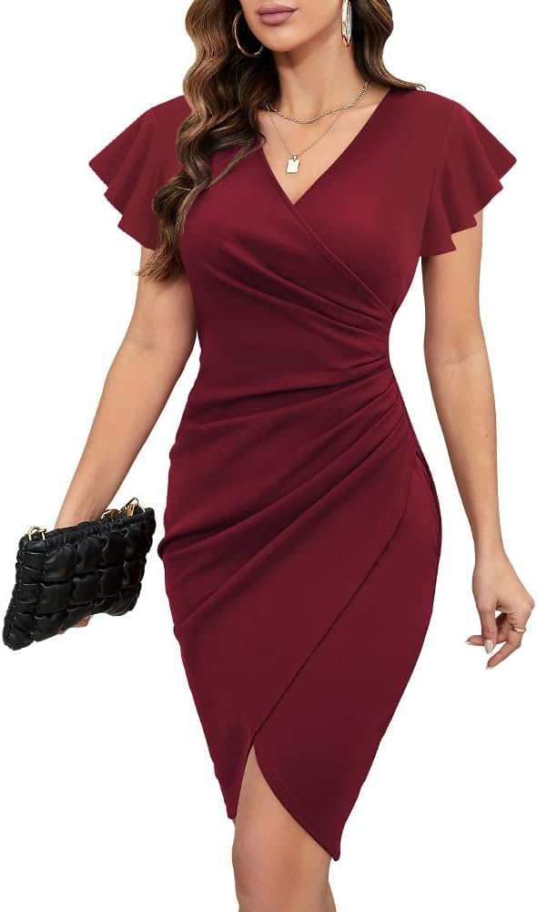 Machico 2025 Women's Sexy V Neck Ruffle Sleeve Faux Wrap Ruched Bodycon Sheath Cocktail Party Work Dress - Image 15