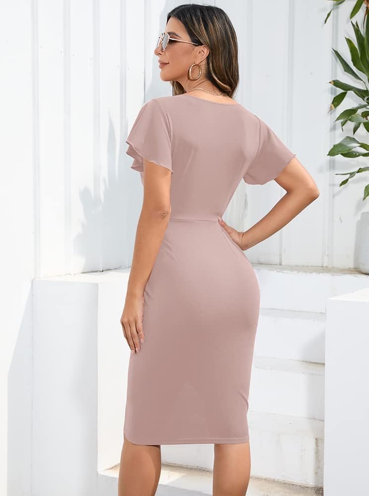 Machico 2025 Women's Sexy V Neck Ruffle Sleeve Faux Wrap Ruched Bodycon Sheath Cocktail Party Work Dress - Image 3