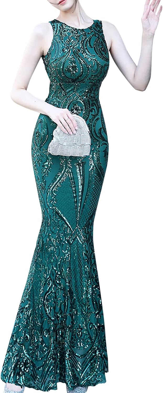 Madam Uniq Evening Gowns for Women Maxi Sequin Backless Cut Out Fishtail Elegant Formal Dress