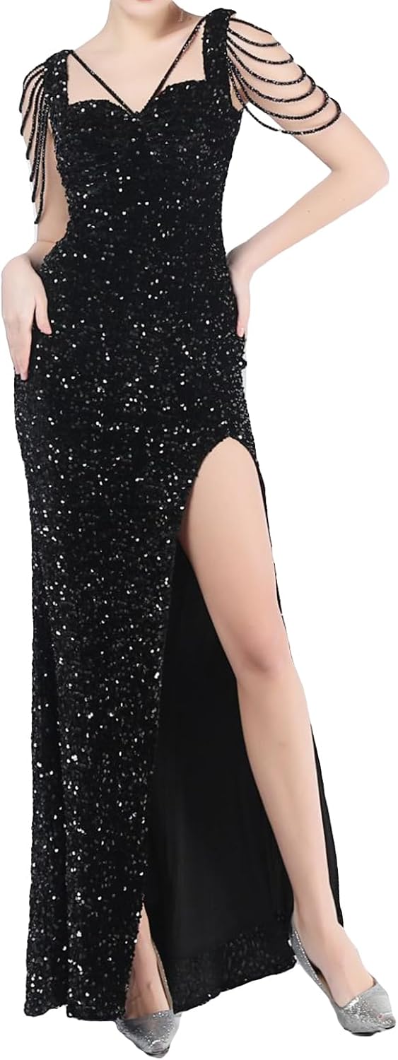 Madam Uniq Women 1920s Formal Sequin Dress Strap Tassel Sleeve Cocktail Gatsby Maxi Plus Size Wedding Evening Gown - Image 4