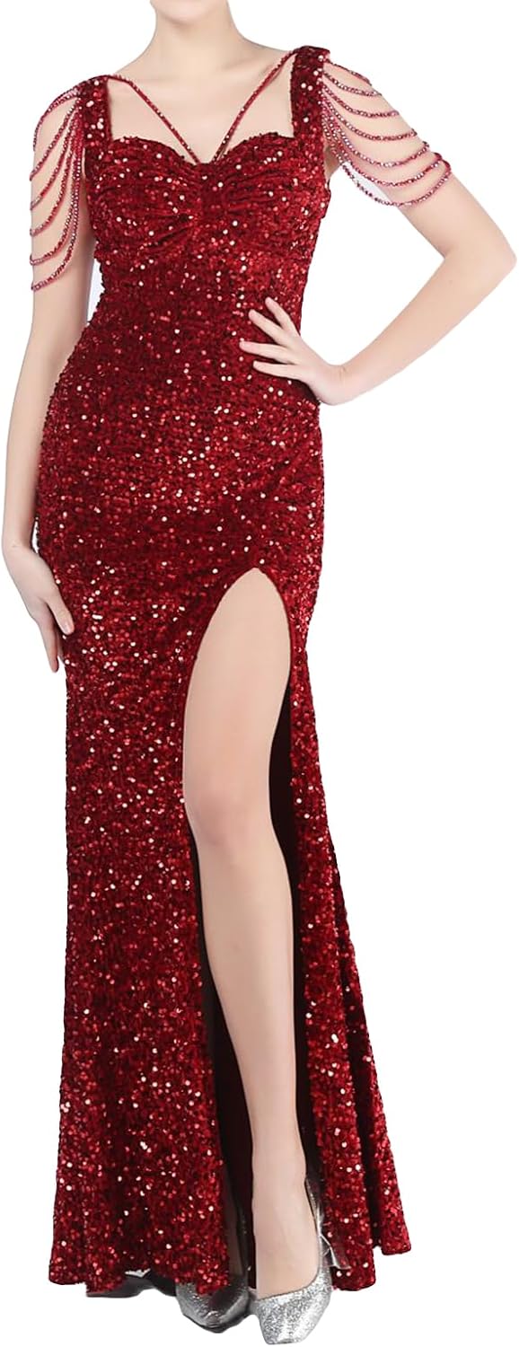 Madam Uniq Women 1920s Formal Sequin Dress Strap Tassel Sleeve Cocktail Gatsby Maxi Plus Size Wedding Evening Gown - Image 3
