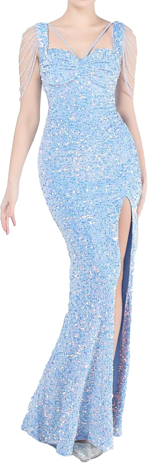 Madam Uniq Women 1920s Formal Sequin Dress Strap Tassel Sleeve Cocktail Gatsby Maxi Plus Size Wedding Evening Gown - Image 2