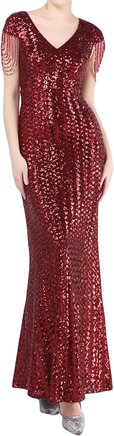 Madam Uniq Women 1920s Formal Sequin Dress Tassels Sleeve Cocktail Gatsby Maxi Plus Size Wedding Evening Gown - Image 15