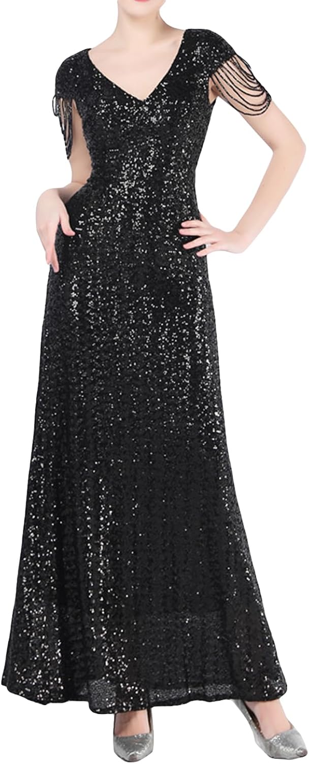 Madam Uniq Women 1920s Formal Sequin Dress Tassels Sleeve Cocktail Gatsby Maxi Plus Size Wedding Evening Gown - Image 13