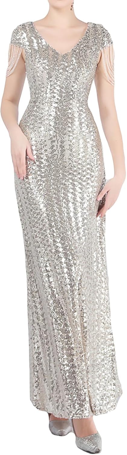 Madam Uniq Women 1920s Formal Sequin Dress Tassels Sleeve Cocktail Gatsby Maxi Plus Size Wedding Evening Gown - Image 11