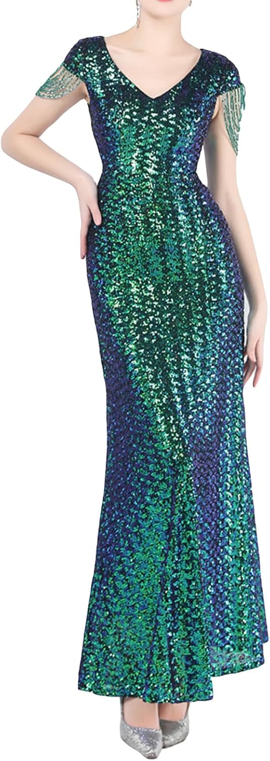 Madam Uniq Women 1920s Formal Sequin Dress Tassels Sleeve Cocktail Gatsby Maxi Plus Size Wedding Evening Gown