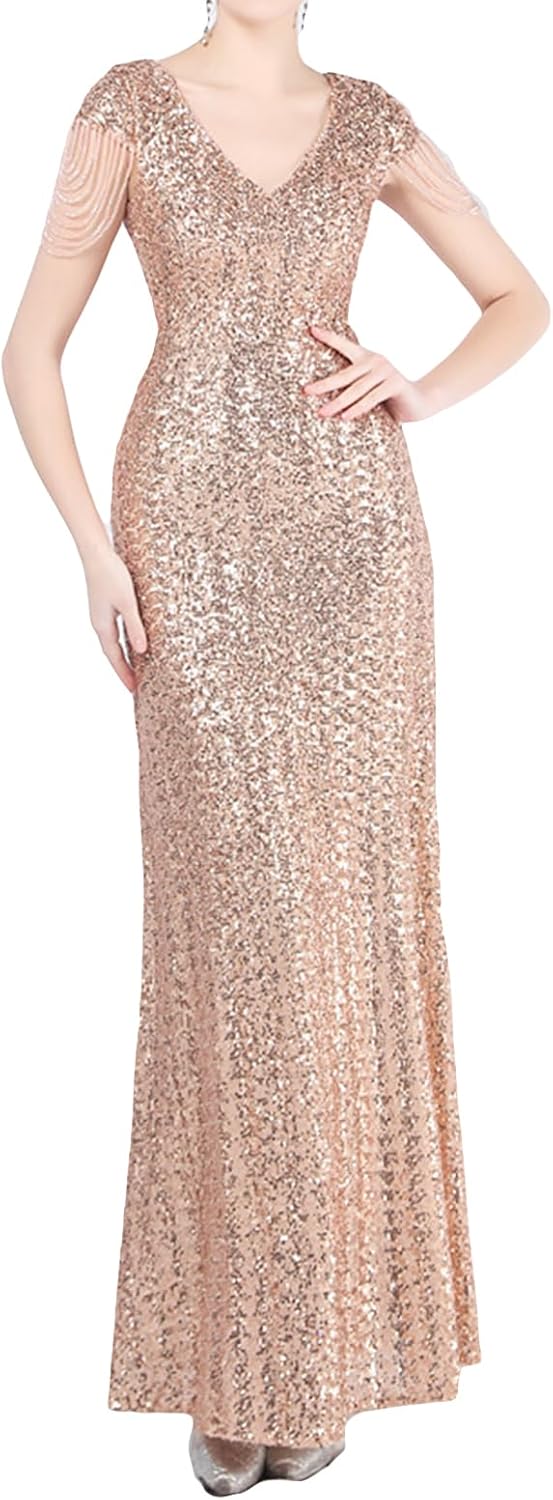 Madam Uniq Women 1920s Formal Sequin Dress Tassels Sleeve Cocktail Gatsby Maxi Plus Size Wedding Evening Gown - Image 14