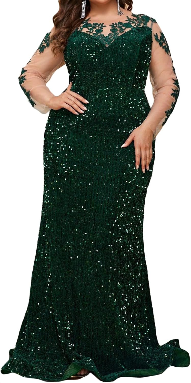 Madam Uniq Women 1920s Long Sleeve Sequin Dress Floral Mesh Plus Size Fishtail Wedding Formal Dress Maxi Evening Gown