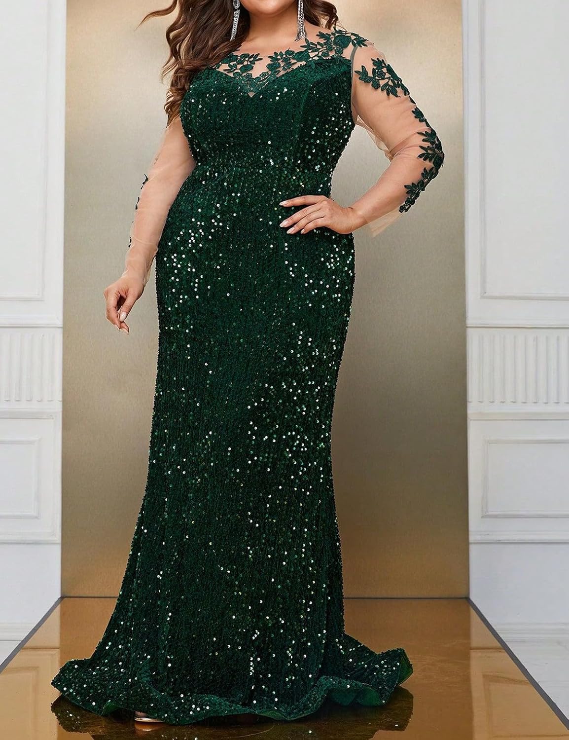 Madam Uniq Women 1920s Long Sleeve Sequin Dress Floral Mesh Plus Size Fishtail Wedding Formal Dress Maxi Evening Gown - Image 4