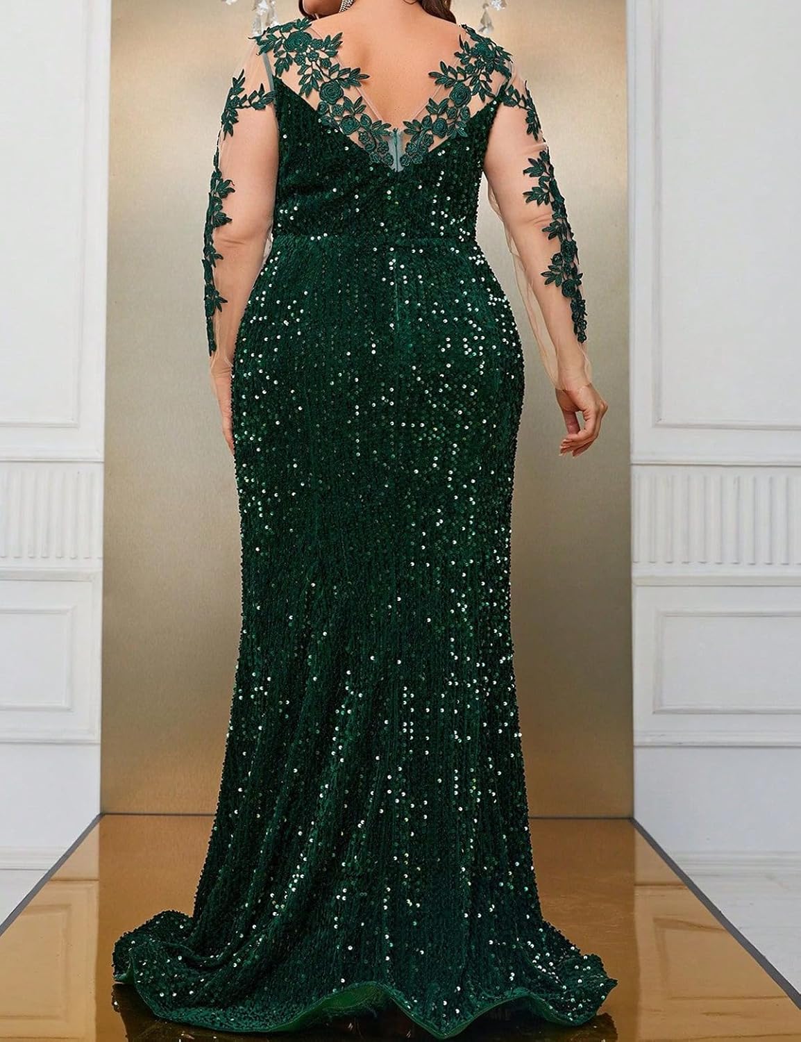 Madam Uniq Women 1920s Long Sleeve Sequin Dress Floral Mesh Plus Size Fishtail Wedding Formal Dress Maxi Evening Gown - Image 2