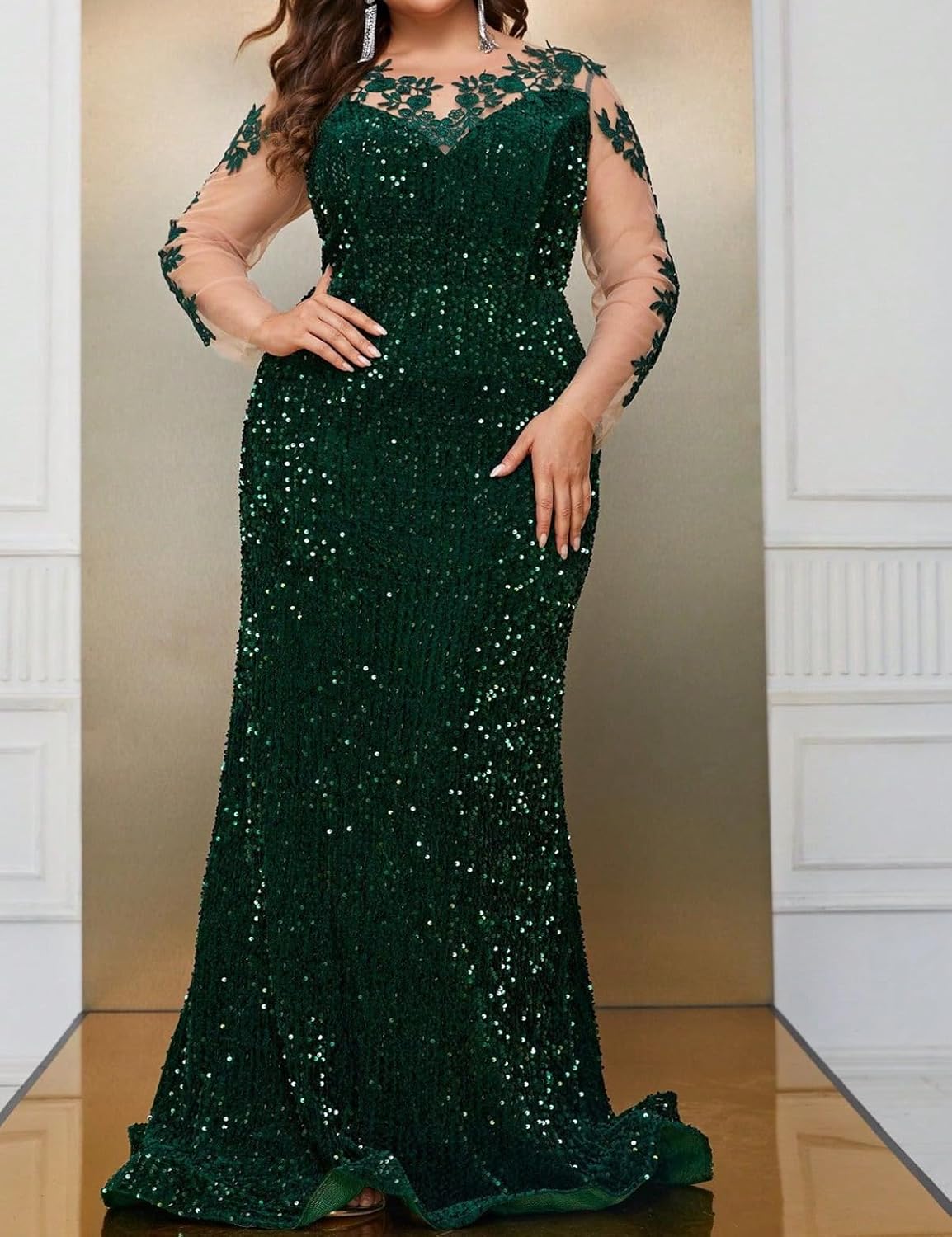 Madam Uniq Women 1920s Long Sleeve Sequin Dress Floral Mesh Plus Size Fishtail Wedding Formal Dress Maxi Evening Gown - Image 6