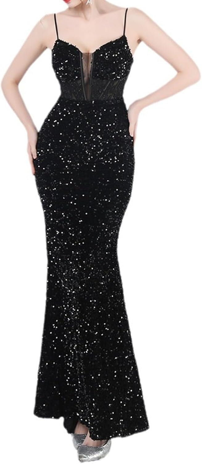 Madam Uniq Women Cross Strappy Evening Gown Sequin Maxi Mermaid Cocktail Holiday Mesh V Neck Formal Wedding Dress - Image 3